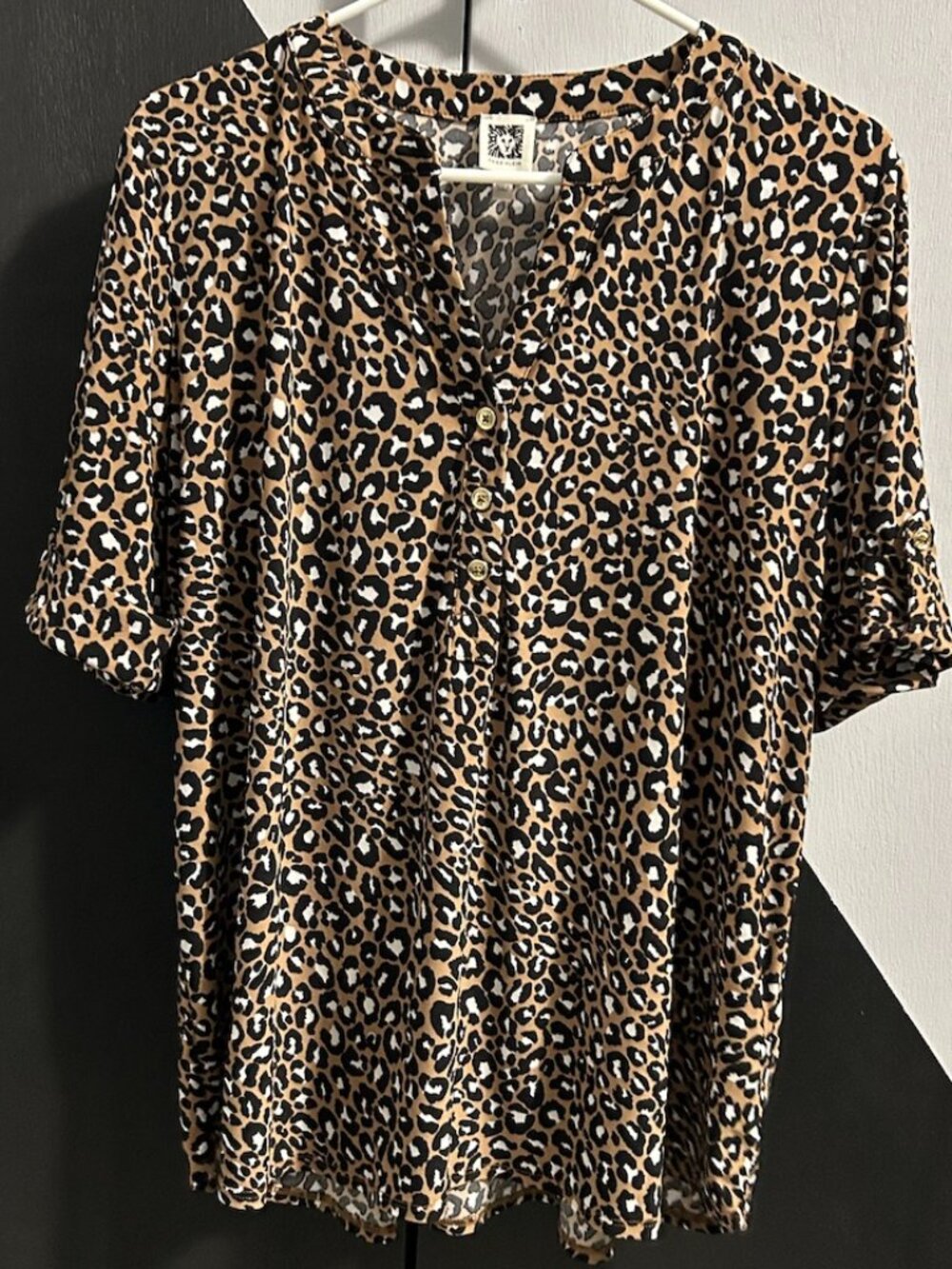 Anne Klein Mocha/Black/White Animal Print Short Sleeve Blouse Women's 2X